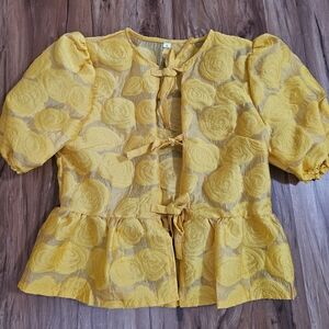 SHEIN Yellow Floral Tie-Front Puff Sleeve Blouse Peplum Top Size Small